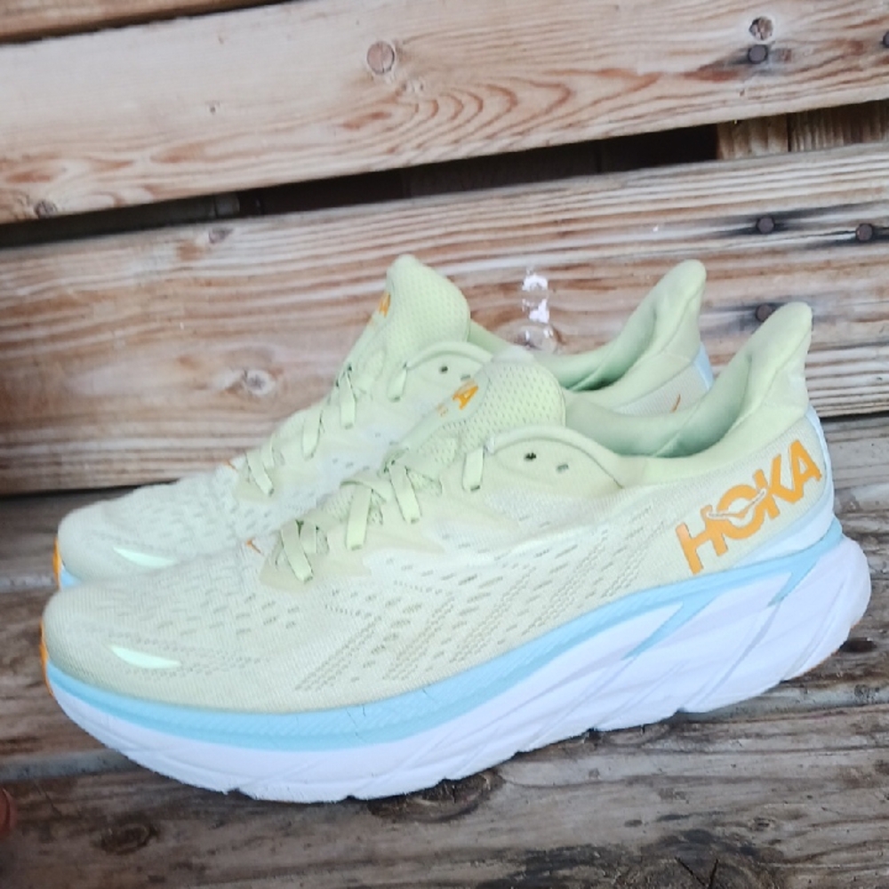 Hoka Clifton 8  Yellow and Blue Athletic Shoes with Signature Cushioning - Picture 4 of 15